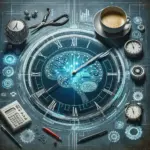 "Yapay zeka ve zaman yönetimi" temalı görselde, modern bir ofis ortamında çalışan bir profesyonelin yapay zeka aracı kullanarak verimliliğini artırdığı anı gösteren bir görüntü. Zaman yönetiminde yapay zekanın rolü üzerine bilgi veren Zaman Yönetiminde Yapay Zekanın Önemi: Modern Çağın Verimliliği başlıklı makale için uygun alt metin.